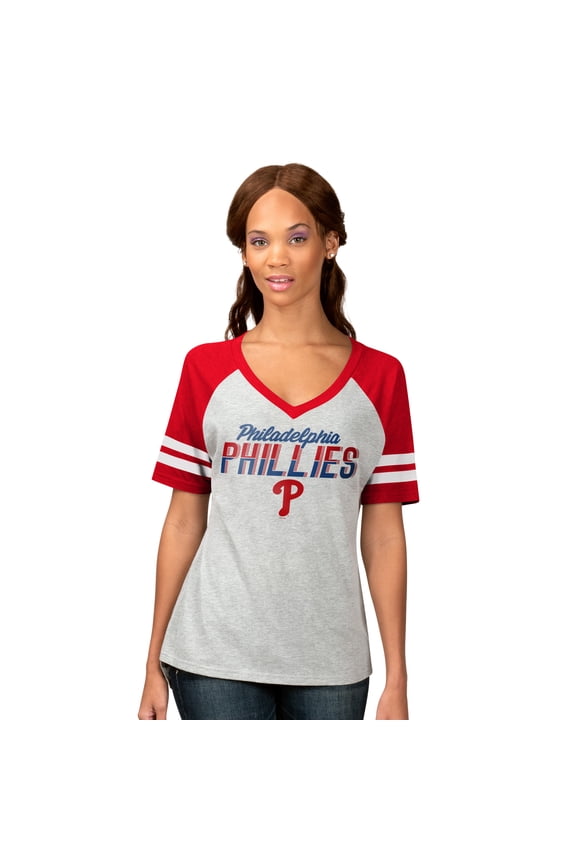 Women's G-III 4Her by Carl Banks Heather Gray Philadelphia Phillies Goal Line Raglan V-Neck T-Shirt