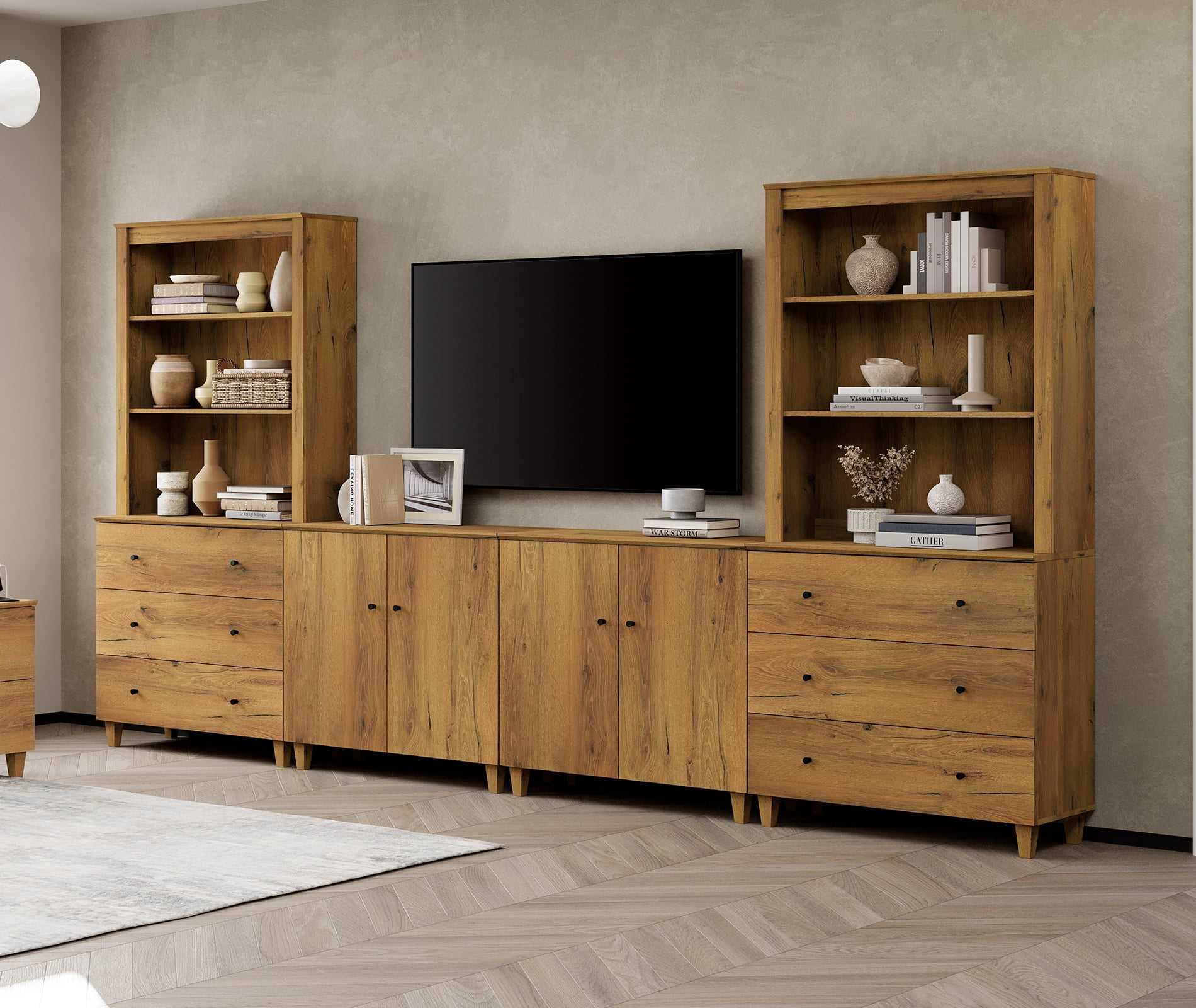 Modern Wall Unit Entertainment Center for 75" TVs with Drawers&Doors,Oak Brown