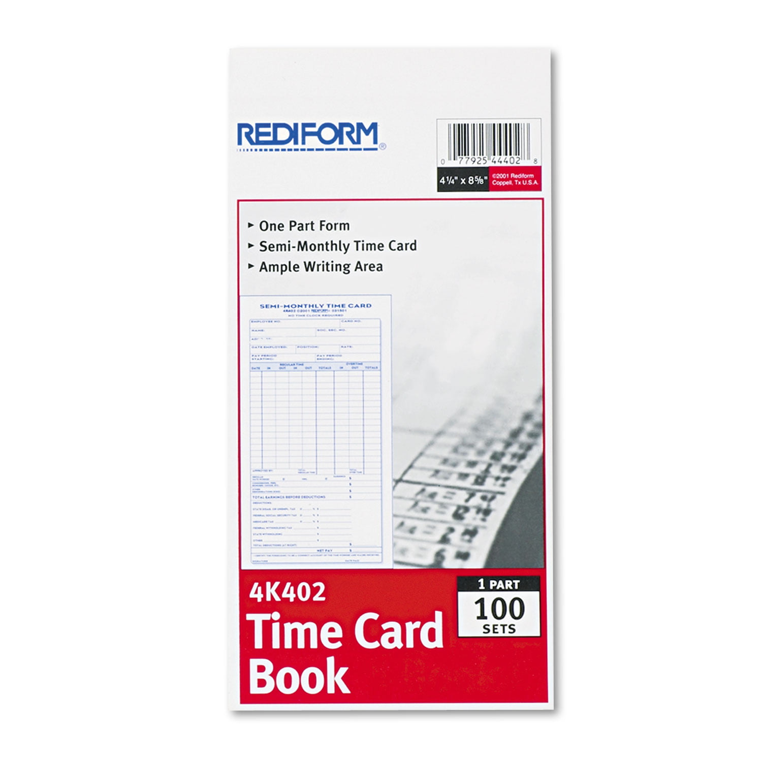 Two-Sided 4-1/4 x 7 100/Pad Employee Time Card Daily 