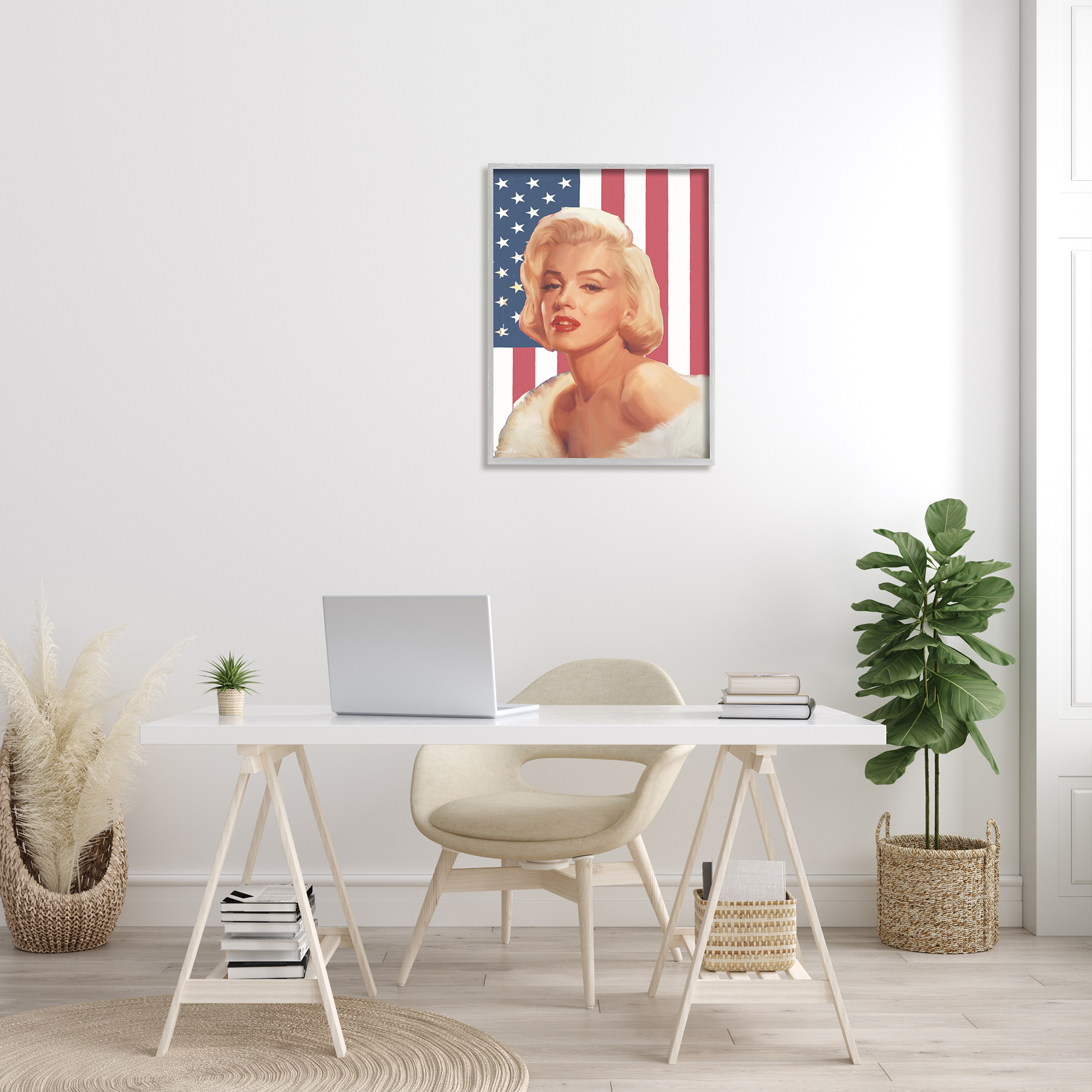 Stupell Industries Vintage Americana Icon Marilyn over US Flag Novelty Painting Gray Framed Art Print Wall Art, 24 x 30, Design by Chris Consani