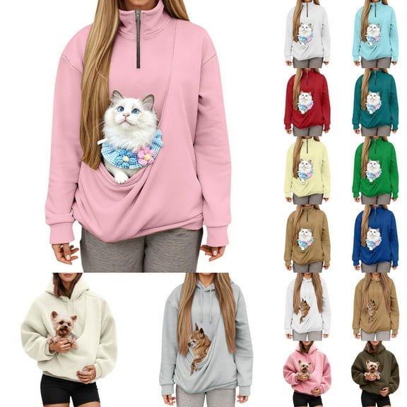 Shadoumai Cat Pouch Hoodie for Women Kangaroo Pocket Dog Pouch Half Zip Sweatshirts Pet Carrier Pullover Animal Holder Long Sleeve Tops