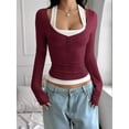 thumbnail image 3 of Women'S Long Sleeve Henley T Shirts Button Ribbed Knit Slim Fit Casual Basic Tops Blouse Wine Red M, 3 of 5