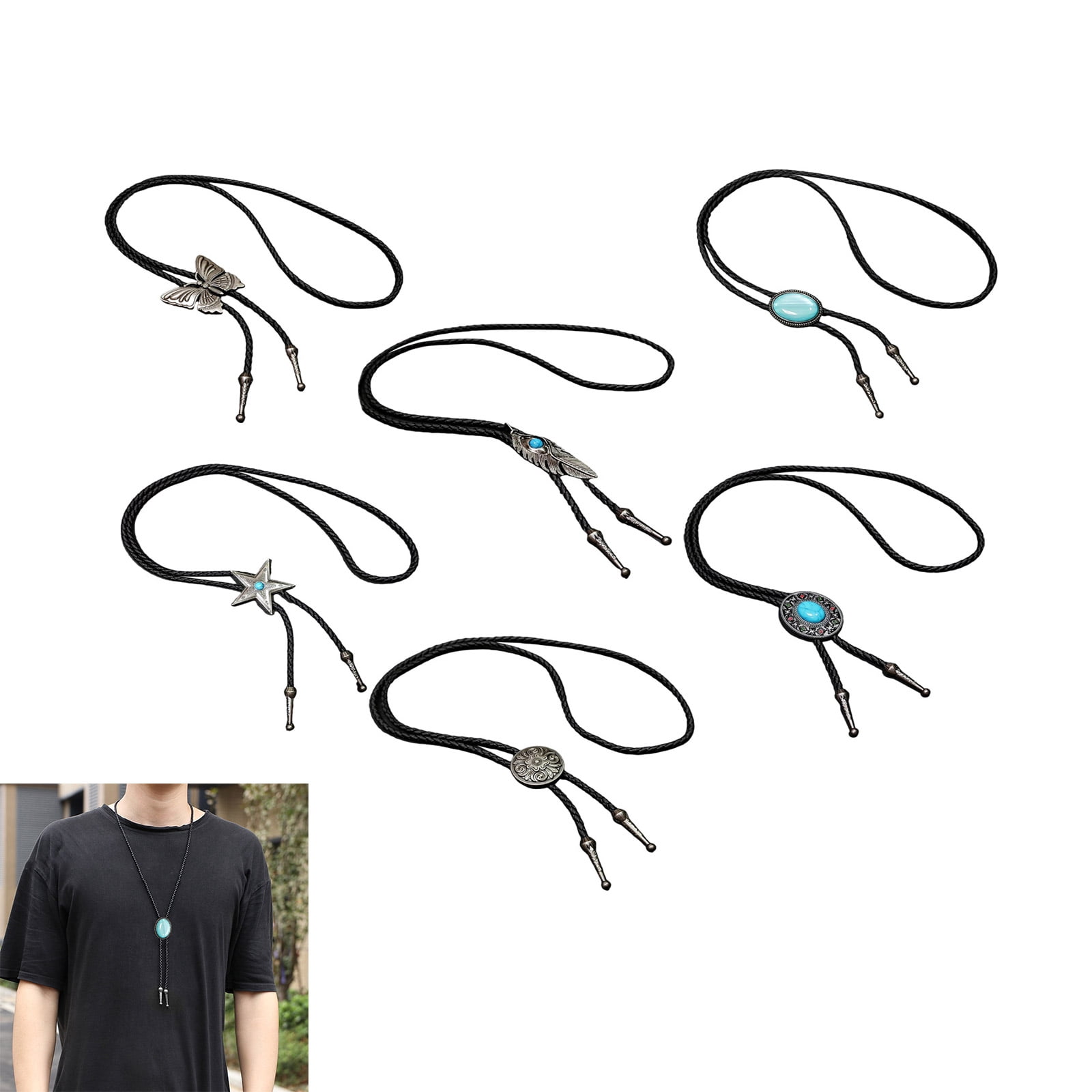 RUISINERY Pack of 6 Bolotie Set Western Outfit Leather Cord Rodeos Jewelry Pendant Necktie Necklace for Men and Women Festivals