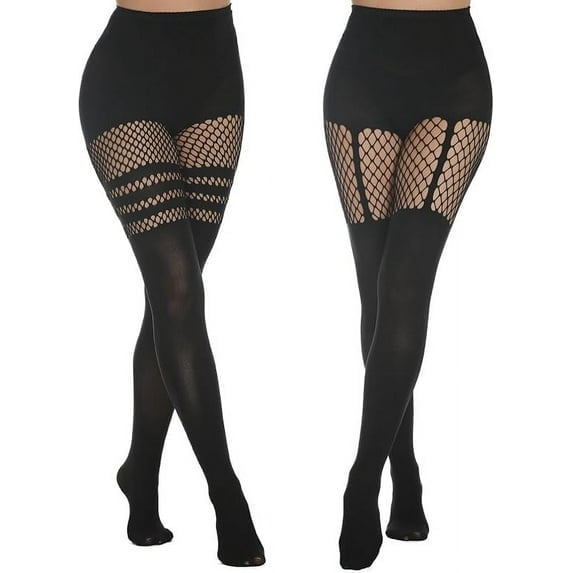 Xiao Hua 2 pairs of women's suspender opaque fishing net socks, women's imitation thigh suspender pantyhose, women's thigh mesh pantyhose, black