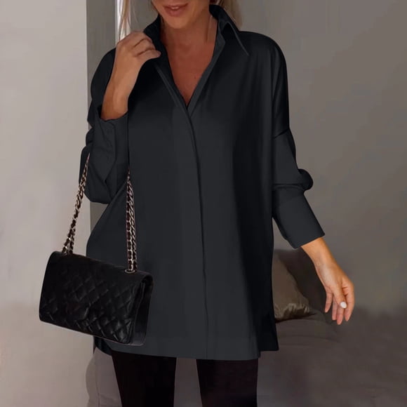 Soki Women Boyfriend Shirts Button Down Long Sleeve Blouse Cuffed Sleeve Collared Shirt