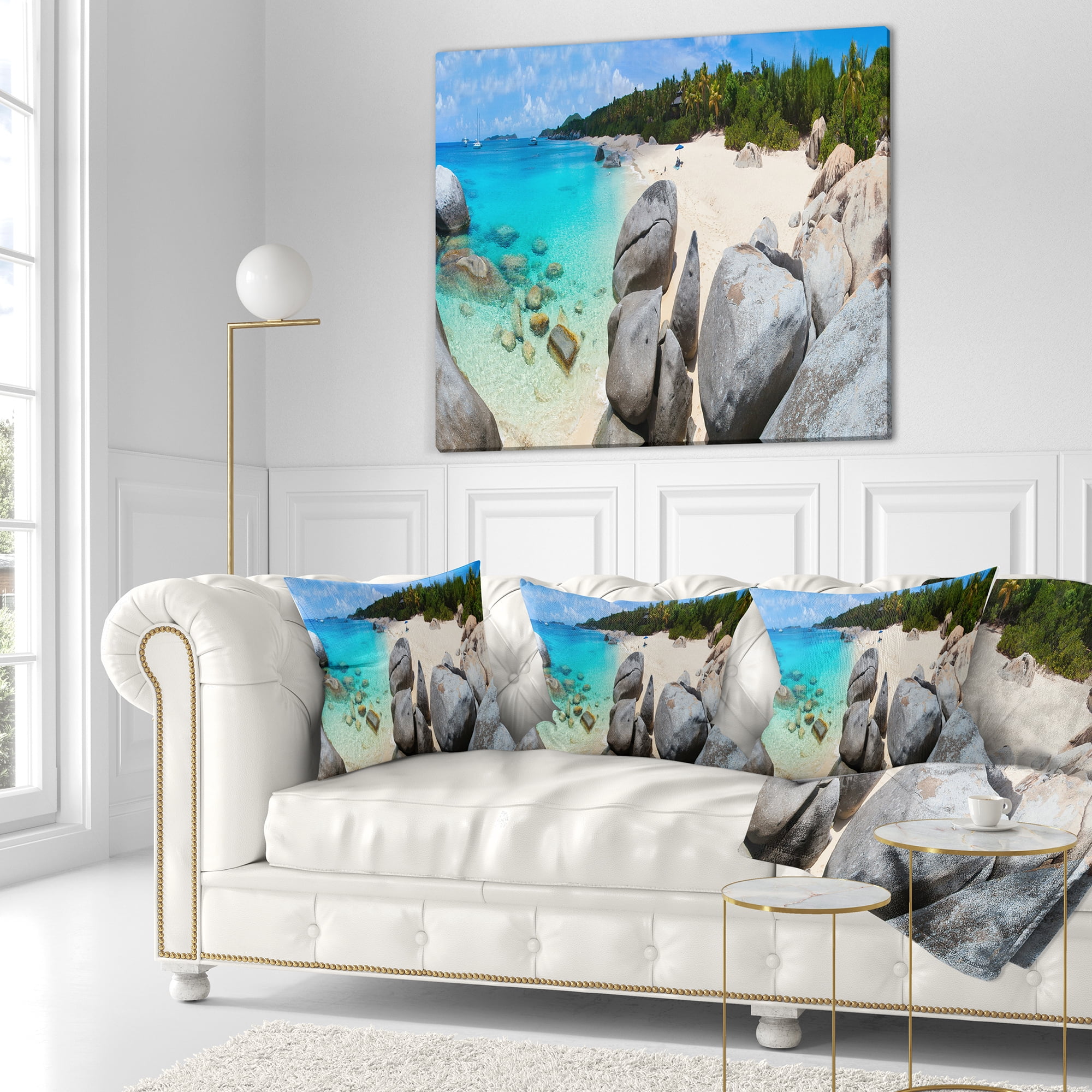 Designart Turquoise Ocean Water with Rocks - Modern Seascape Throw Pillow - 18x18