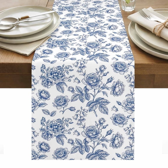 Navy Blue Rose Table Runner Rustic Vintage Botanical Floral Watercolor Tablerunners 13 x 36 Inch, Table Decorations Tabletop Scarf for Summer Gathering Holiday Farmhouse Kitchen Dining Decor