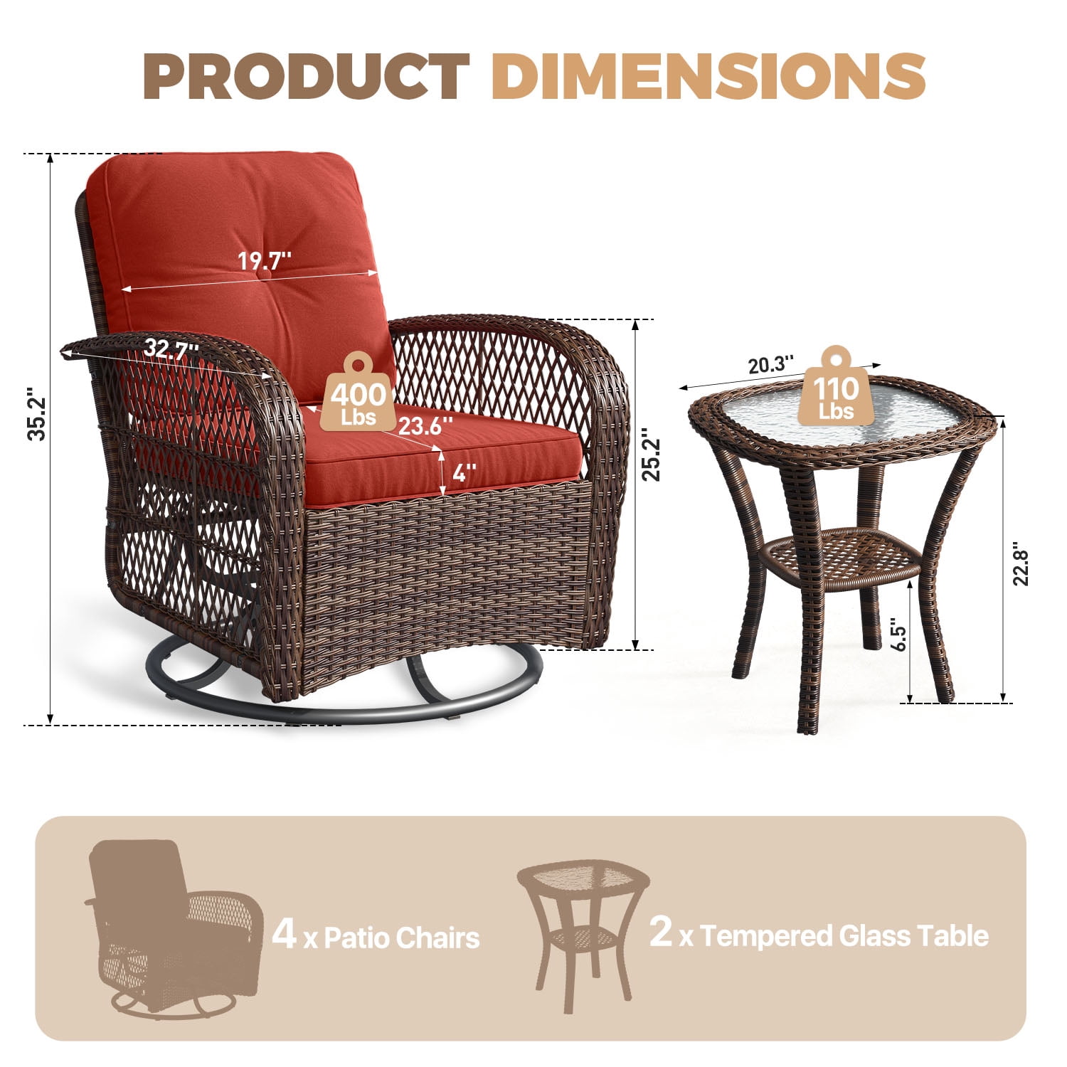 BaPiPro 6-Piece Outdoor Swivel Rocker Wicker Patio Furniture Set, All-Weather Resistant Brown Rattan Conversation Set with Wine Red Cushions & Tempered Glass Side Tables for Porch, Deck, Backyard