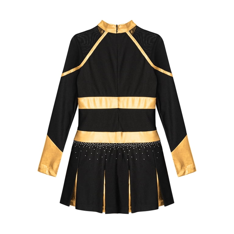 YEAHDOR Girls Children Cheerleading Outfit Schoolgirl Cheer Team Uniform  Dancewear Long Sleeve Shiny Rhinestone Dress Black&Gold 6 - Walmart.com