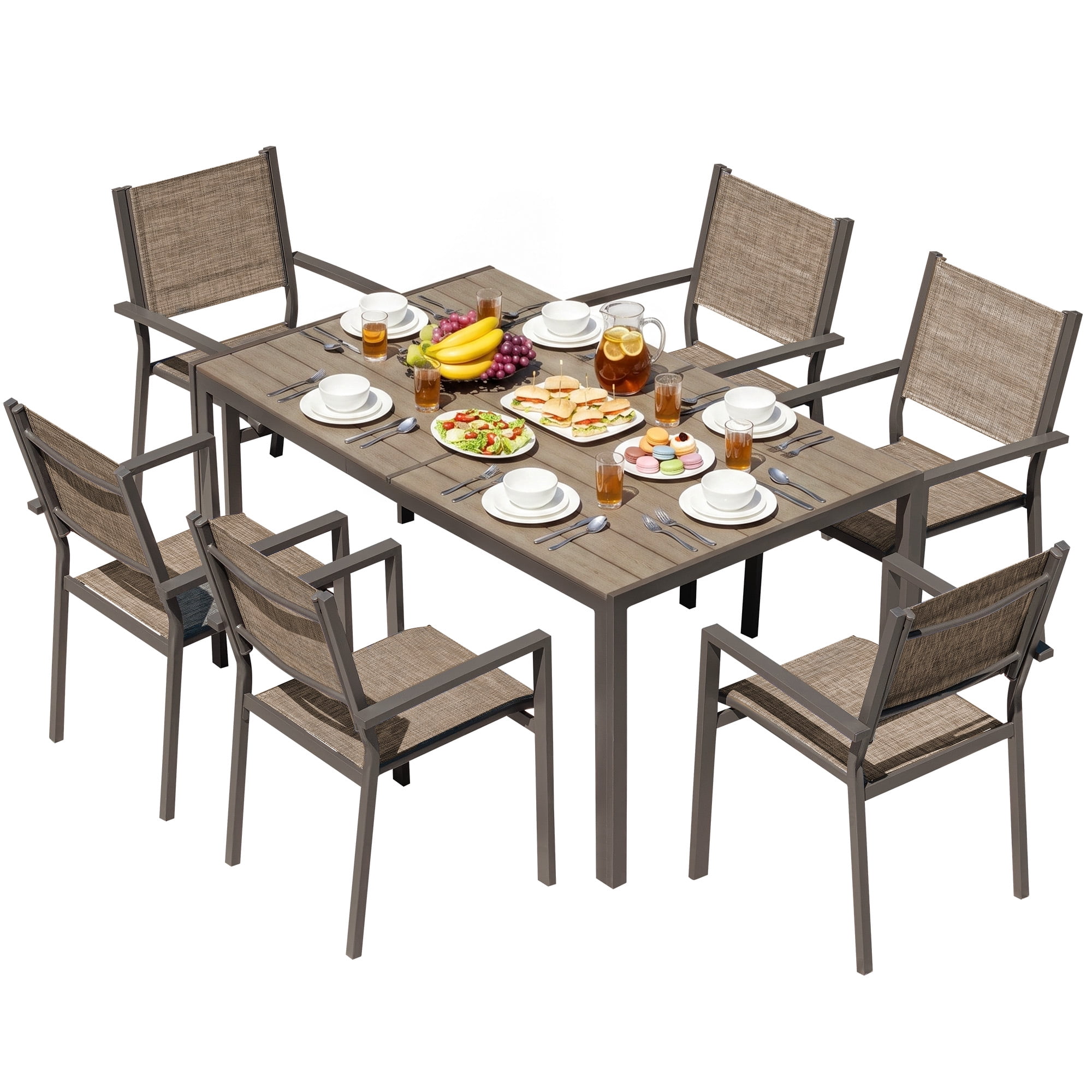 Vineego 7-Piece Outdoor Dining Set for 6, Easy-to-Store Textilene Patio Chairs Rectangular Metal Table for Backyard, Garden, Brown
