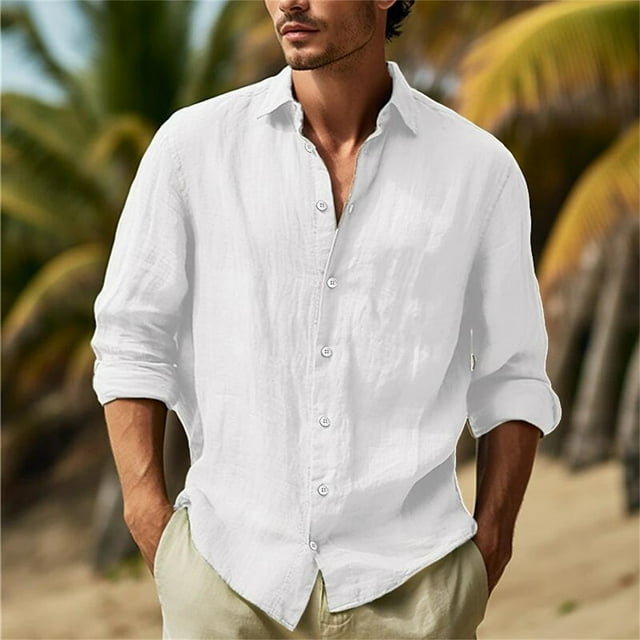 AherBiu Chemises en Lin pour Hommes à Manches Longues, Boutonnées, Col à Revers, Coupe Régulière, Chemise Ajustée, Chemises Décontractées d'Été pour la Plage