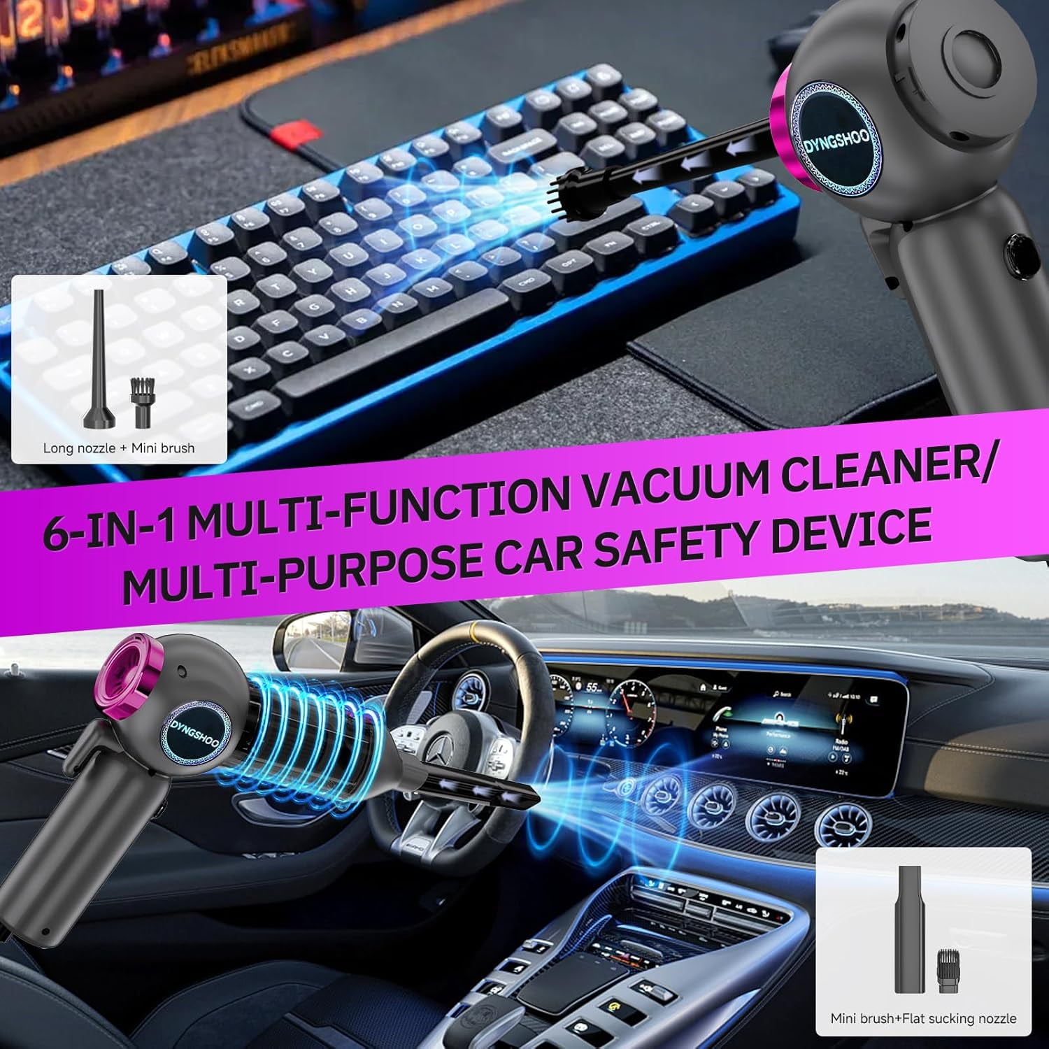 Handheld Car Vacuum Portable Cordless（Equipped with a one-Touch Window Breaker and Seatbelt Cutter ） Car Vacuum Cleaner with 25000Pa Ultra-Strong Suction,Design for Drivers ()