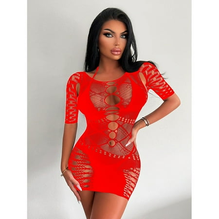 Generic Sexy Lingerie Women s Sexy Fishnet Clothes Jacquard One-Piece Long Sleeves Hip Skirt Free off Open Hollow Sexy Stockings
