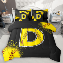 Manfei Baseball Print Bedding Comforter Set 7pcs for Boys Girls, Sport Monogrammed King Bedding Sets, Personalized Letter D Bed Sheets, Luxury Bedroom Decor