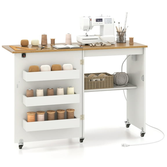 Topbuy Sewing Machine Table with Charging Station Folding Sewing Cabinet w/Lockable Casters White & Natural