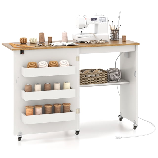 Patiojoy Sewing Machine Table with Charging Station Folding Sewing Cabinet w/Lockable Casters White & Natural