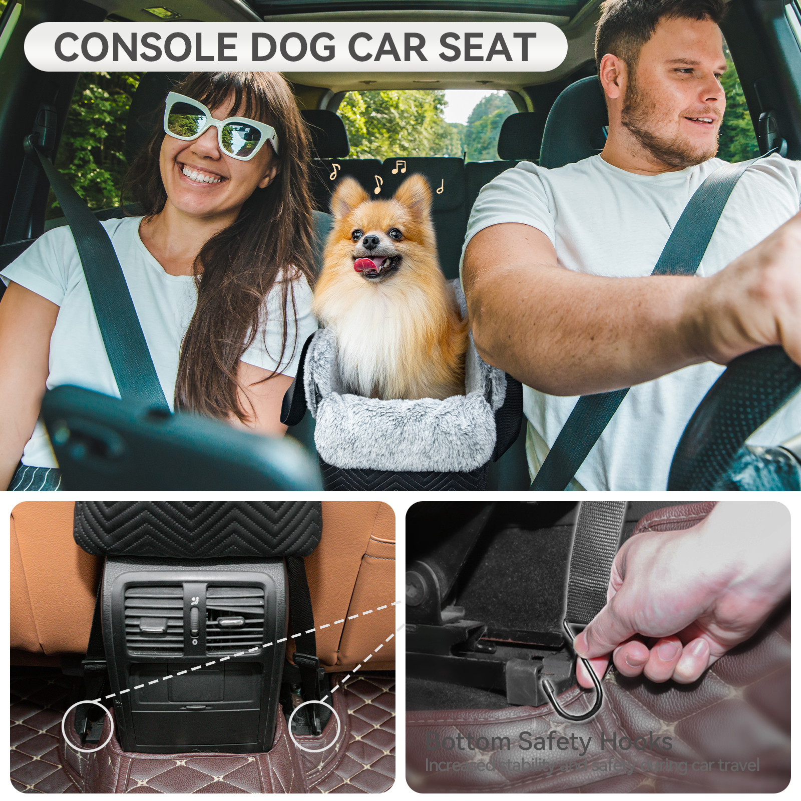 PETSFIT Center Console Dog Car Seat, Portable Car Seat for Dogs with Safe Protective Hooks, Luxury Dog Car Seats for Small Dogs, Dog Car Carrier Includes Safety Tether for Pets Up to 12 lbs (Black)