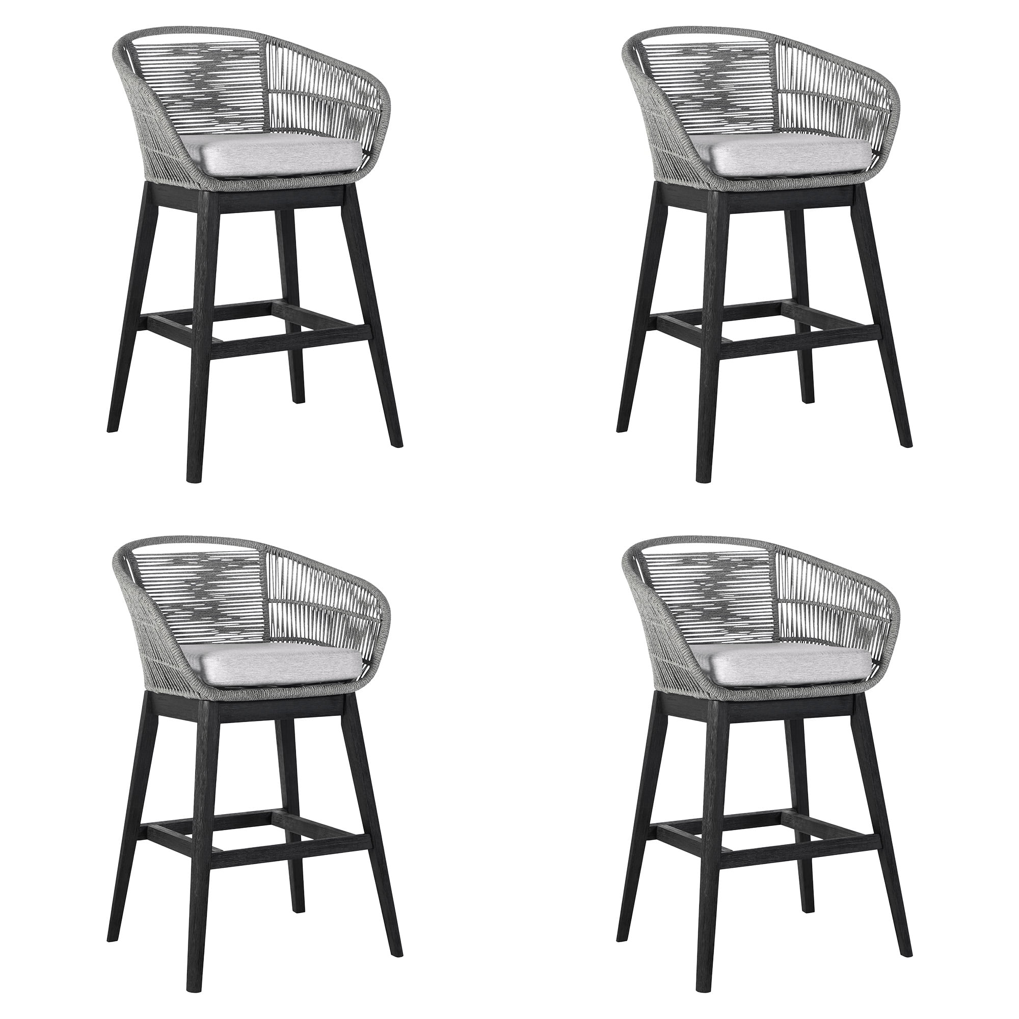 Tutti Frutti Indoor Outdoor Bar Height Bar Stool in Black Brushed Eucalyptus Wood with Gray Rope - Set of 4