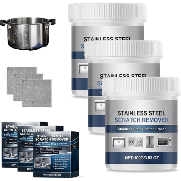 Stainless Steel Scratch Remover Kit, 100g Multi-Purpose Stainless Steel Scratch Remover Paste, Metal Cleaner and Polish, for Fridge Stove Faucet Appliance Aluminum Restoration Maintenance (3)