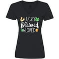 thumbnail image 3 of Inktastic Lucky Blessed and Loved Horseshoe Clover Hearts Women's V-Neck T-Shirt, 3 of 5