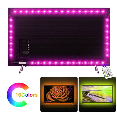 Tv Multi Remote USB LED Strip Light 3.28ft/1M 5050 IP65 Waterproof RGB TV Backlight Kit Multi-color LED Tape with Remote Controller for TV/PC/Laptop Background Lighting ()