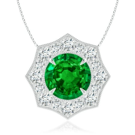 ANGARA Lab Grown 1.2 Ct Emerald Pointed Diamond Halo Pendant with Milgrain for Women in 14K White Gold (Size-7mm) | May Birthstone Anniversary Jewelry Gift for Women | Lab-Grown Emerald Necklace