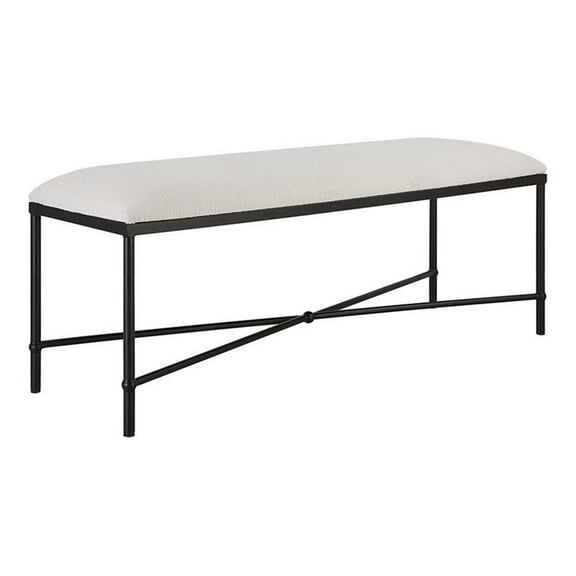 Maklaine Contemporary Iron Metal & Fabric Bench in Black and Crisp White
