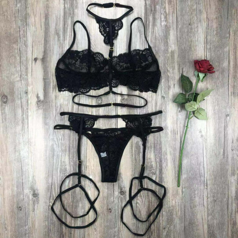 Aayomet Lingerie For Women Women Lingerie Set Lace Teddy Strap Bodysuit  with Garter Belts Bra and Panty Sets,Black L 