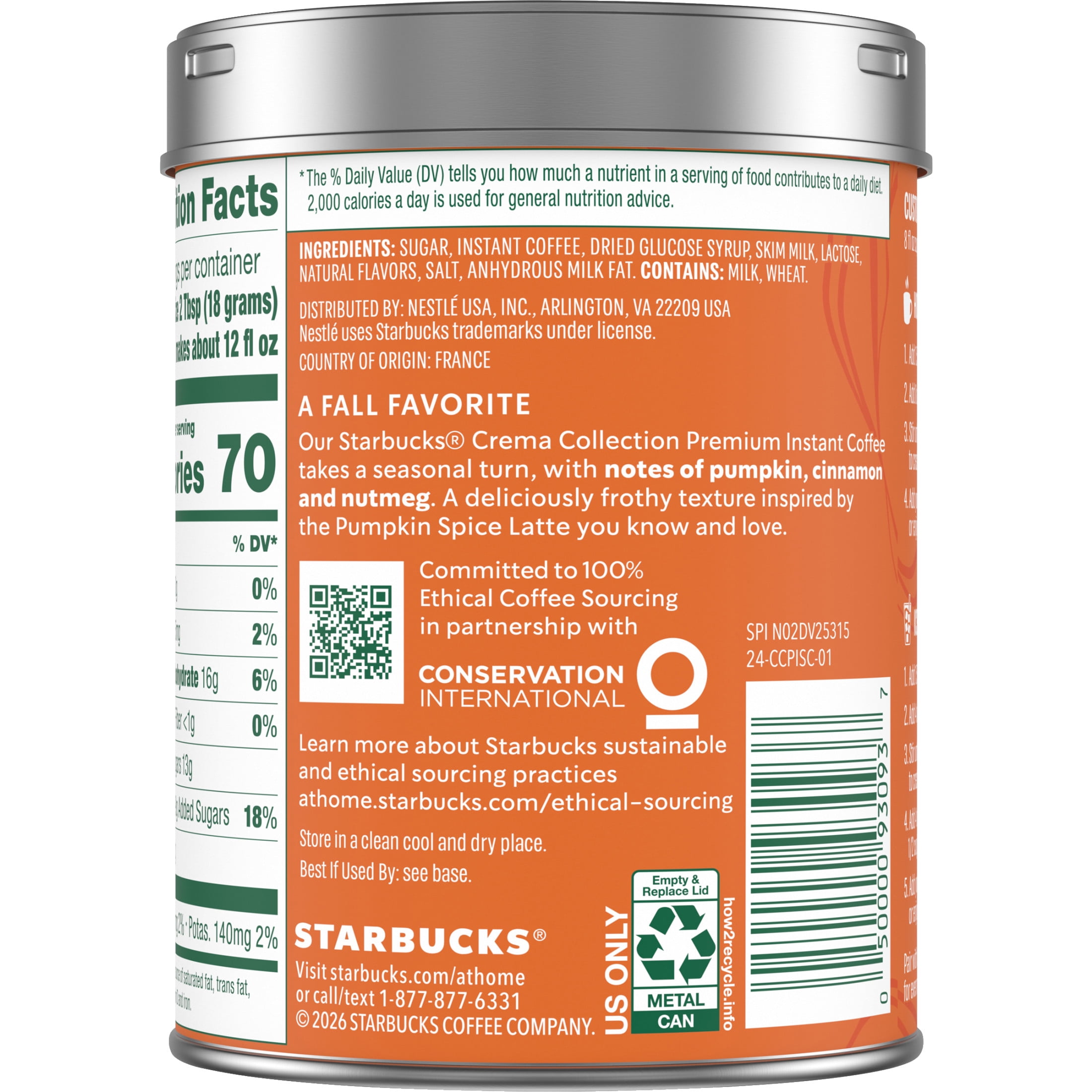Starbucks Pumpkin Spice Flavored Instant Coffee, Crema Collection Pumpkin Spice Coffee Powder 7.12 oz