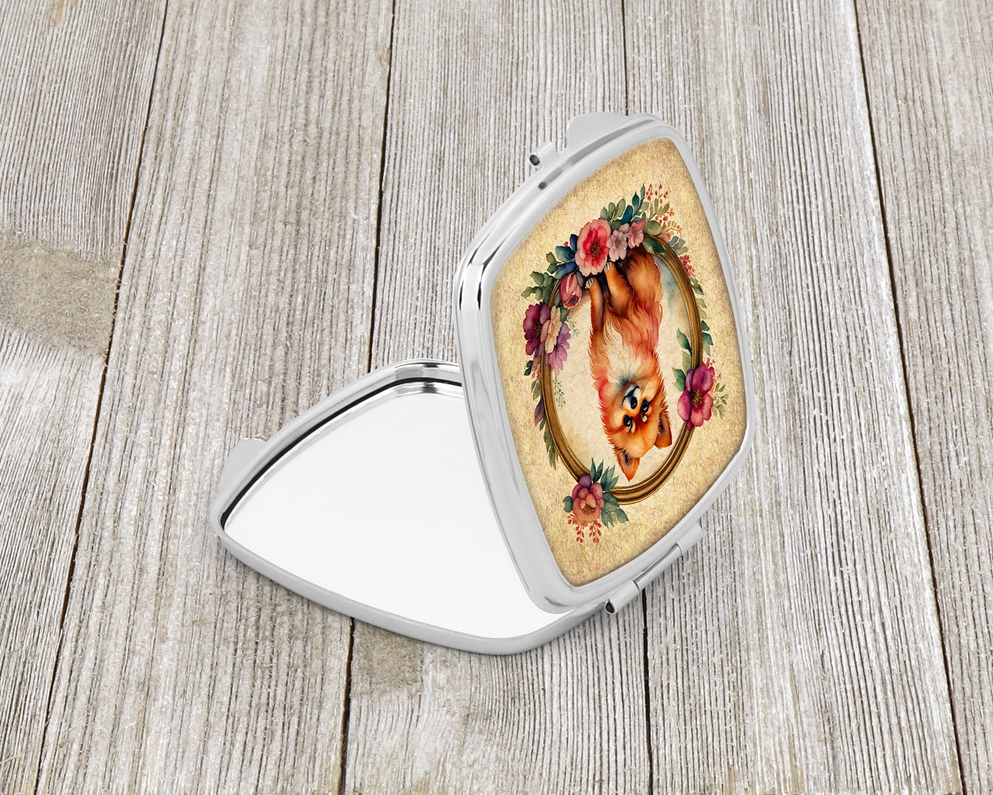 Pomeranian and Flowers Compact Mirror 2.75 in x 3 in