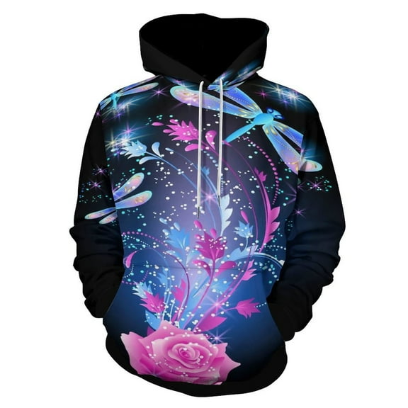 Neon Dragonfly with Golden Ornament And Rose with Shiny Smoke And Stars Oversized Hoodies for Women Pullover Womens Clothes with Pocket Mens Ultimate Pullover Hoodie Sweatshirt S-6XL