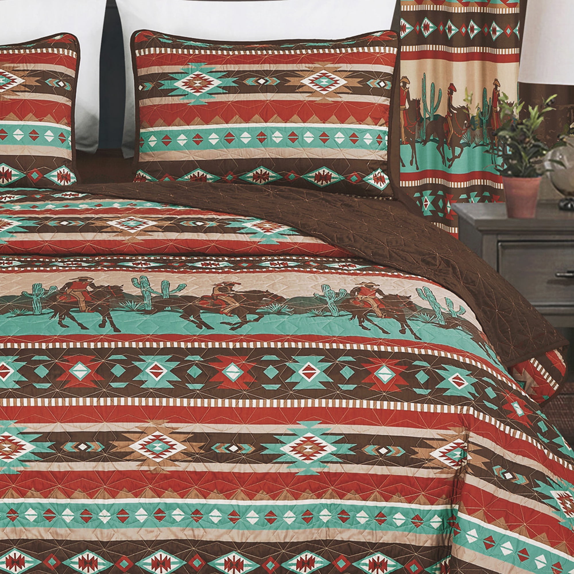 10-Piece Southwestern Cowboy Aztec Bedspread Set with Curtains – All-in-One Rustic Bedding & Window Decor, King