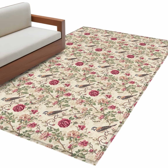 Vintage Pink Botanical Area Rug 3x5 FT, Non Slip Entryway Bedside Carpet, Spring Floral Summer Birds Washable Soft Floor Carpet Indoor Mat Non-Shedding Throw Rug for Dorm Kitchen Home Office