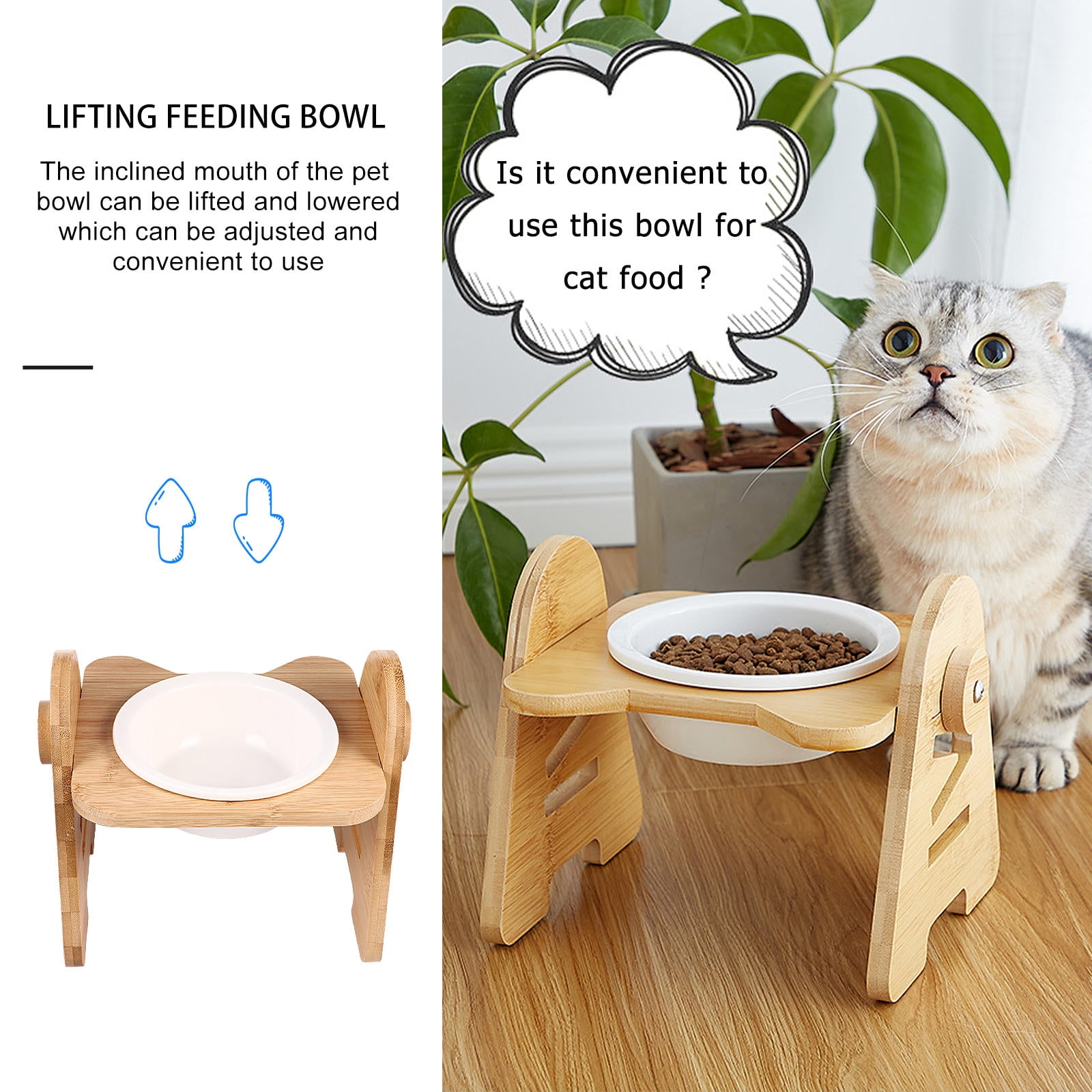 Tineasur Khaki Ceramic Raised Pet Bowl with Adjustable Stand for Small Dogs and Cats, 1 Stand Included