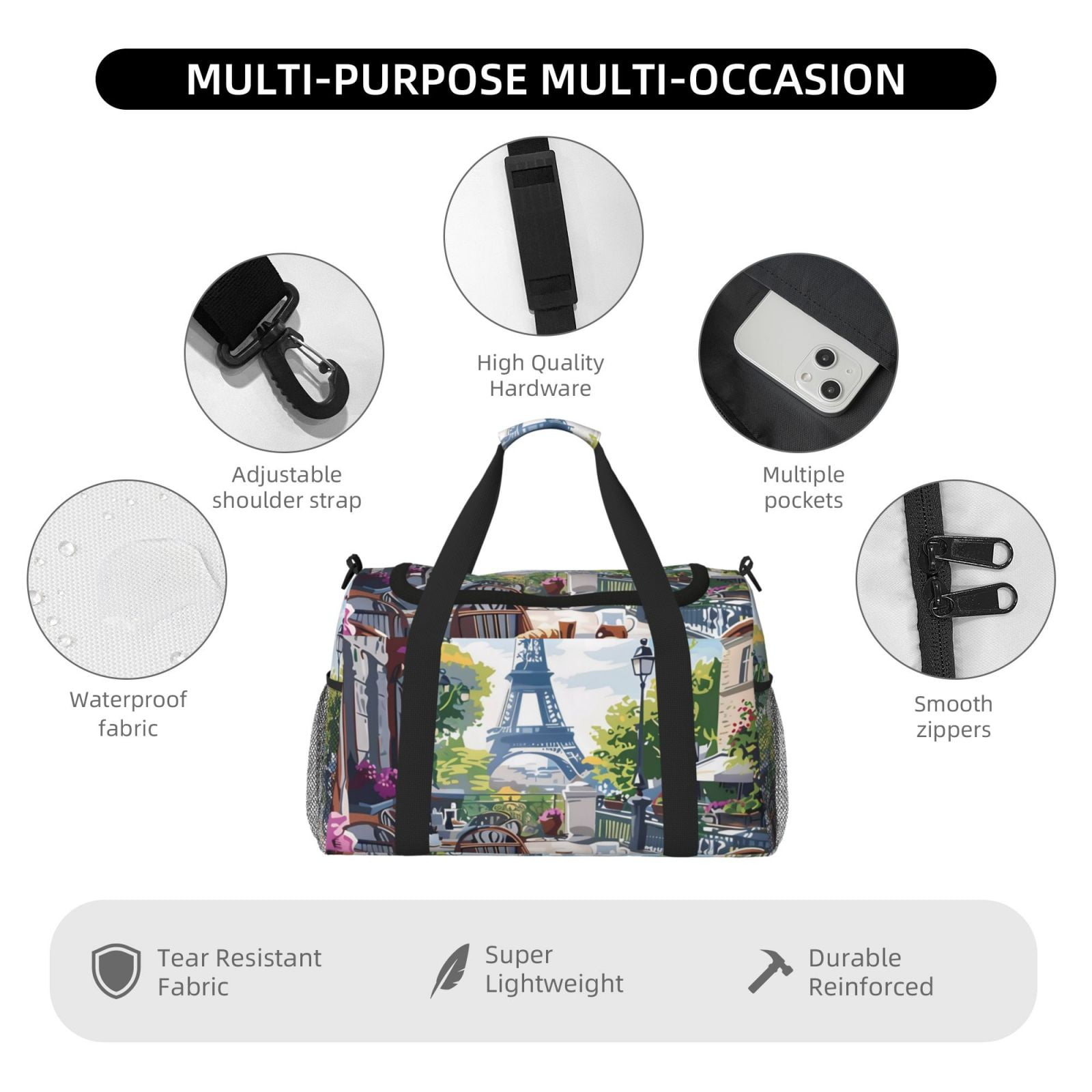 Kuqiui Parisian Cafe With Eiffel Print Foldable Travel Duffel Bag Tote Carry on Luggage Bag Personal item Sports Gym Bag Water Resistant Weekender Overnight Bags for Women and Men