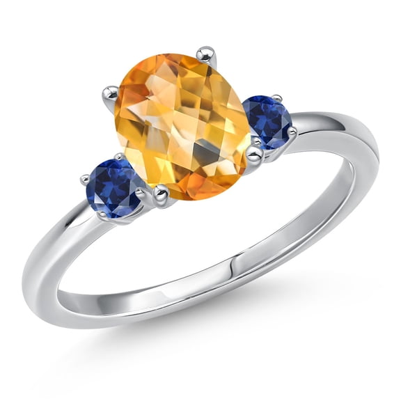 Gem Stone King 14K White Gold Yellow Citrine and Blue Created Sapphire Engagement Ring for Women | 1.93 Cttw | Oval Checkerboard 9X7MM | Gemstone November Birthstone | Size 5