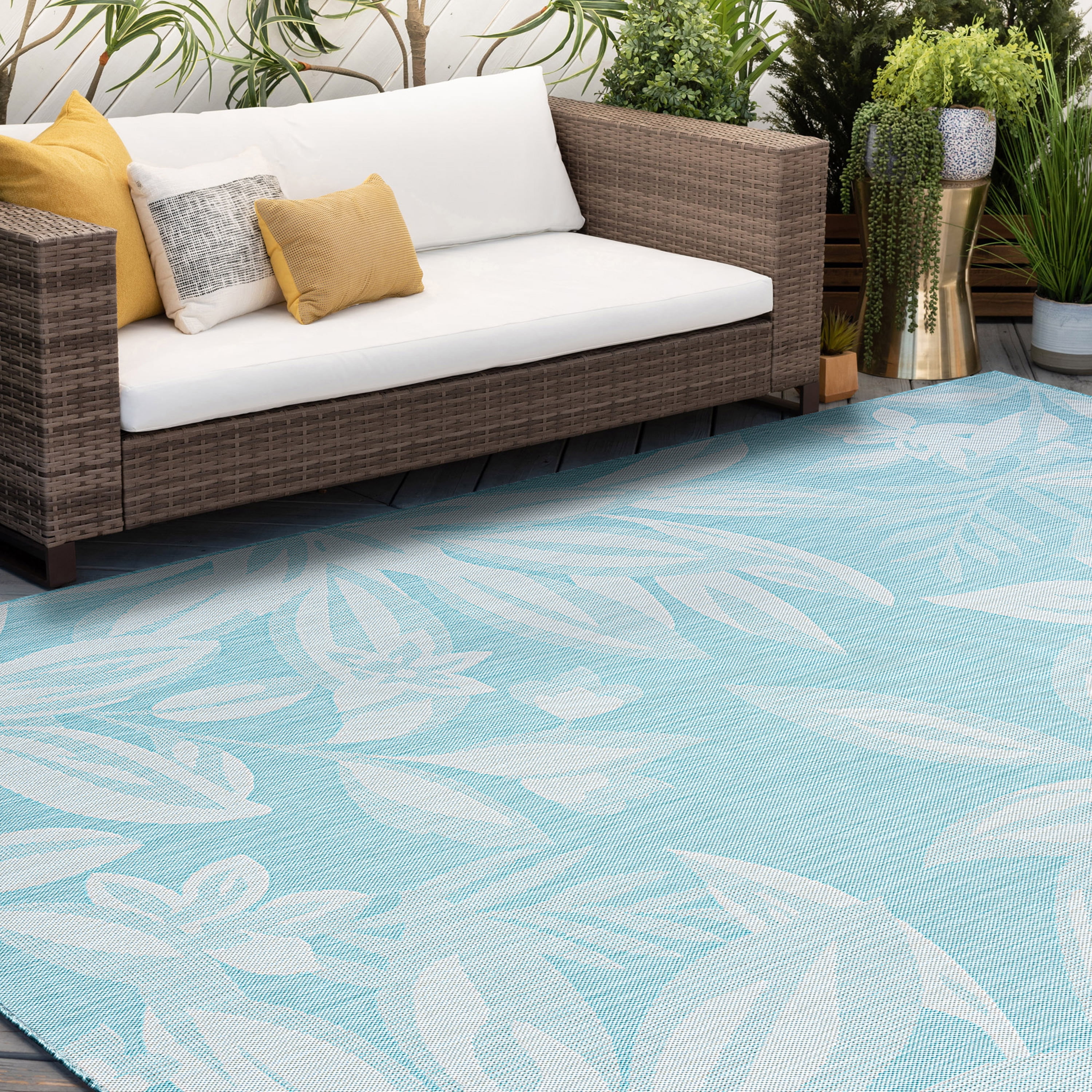 9x12 Water Resistant, Large Indoor Outdoor Rugs for Patios, Front Door Entry, Entryway, Deck, Porch, Balcony | Outside Area Rug for Patio | Aqua, Floral | Size: 8'10'' x 12'2''