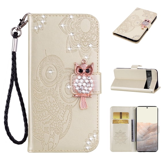 Diamond Wallet Case for Google Pixel 6 Pro with Card Slots Holder Magnetic Clasp Cover, Shining Sparkle Owl Embossed Pattern PU Leather Flip Folio Case with Wrist Strap Kickstand Case, Gold