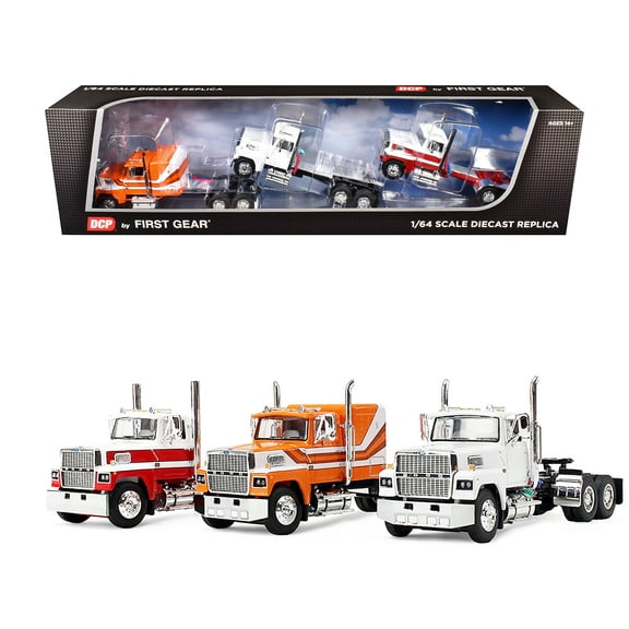 Ford LTL 9000 Trio Set (Two Day Cabs and One 60" Flat Top Sleeper) 1/64 Diecast Model by DCP/First Gear