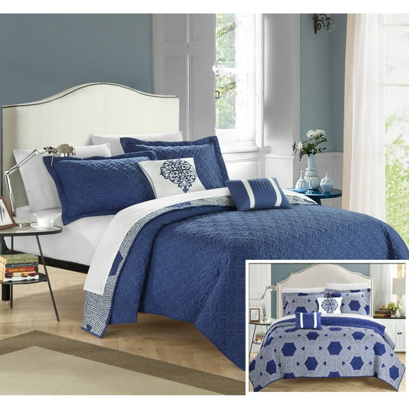 Chic Home Zoe 5 Piece Reversible Quilt Cover Set Contemporary Hexagon Embroidered Quilted Pattern Print Bedding - Decorative Pillows Shams Included, King Grey