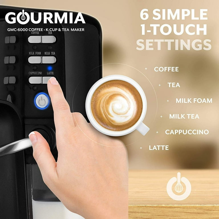 Coffee Machine, Gourmia GCM6000 6 in 1 Single Serve Coffee Maker and Milk  Frother and Steamer - Use K Cups, Coffee Grinds or Tea Leaves – One Touch  Buttons for Lattes and