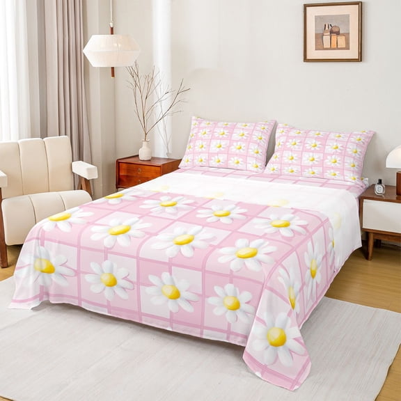 Homewish Cartoon Groovy Floral Twin Sheet Sets, Kawaii Daisy Flower Twin Fitted Sheet, Girly Pink Buffalo Plaid Flat Sheet, Luxury Bedroom Decor, 3pcs