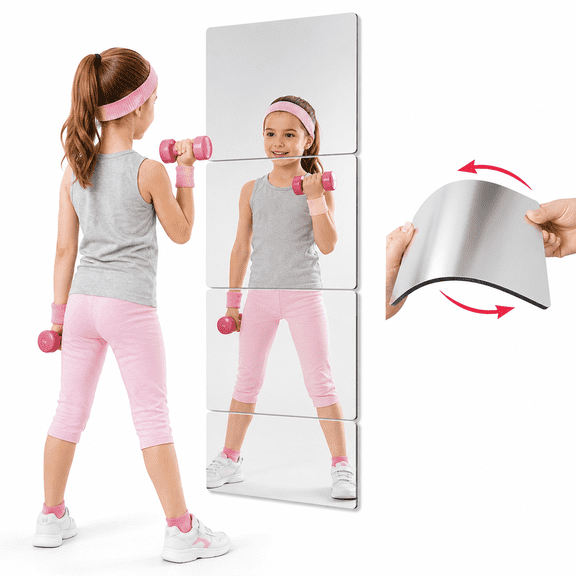 Unbreakable Full Length Wall Mirror,Over The Door Mirror,Thick 1/8",64"x16" 4Pcs 16"x16",Made of Shatterproof Plexiglass Acrylic,Long Mirrors for Bedroom,Workout for Home Gym Body A102