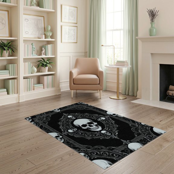 ODIKA Gothic Vintage Ghost Skull Center Ornate Scroll Border Horror Pet Friendly & Kids Safe Play for Playroom, Bedroom, Reading Nook
