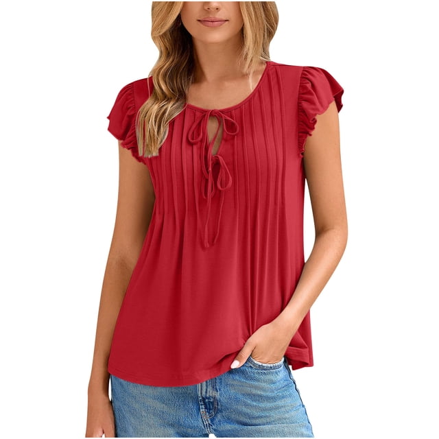 Red Teen Girls Cut Out Pleated Ripped Tie Knot Distressed Basic Tops Loose Fit Blouses for Women Ruffle Cap Short Sleeve Crew Neck Brunch Summer Fall Shirt 2025 XXL