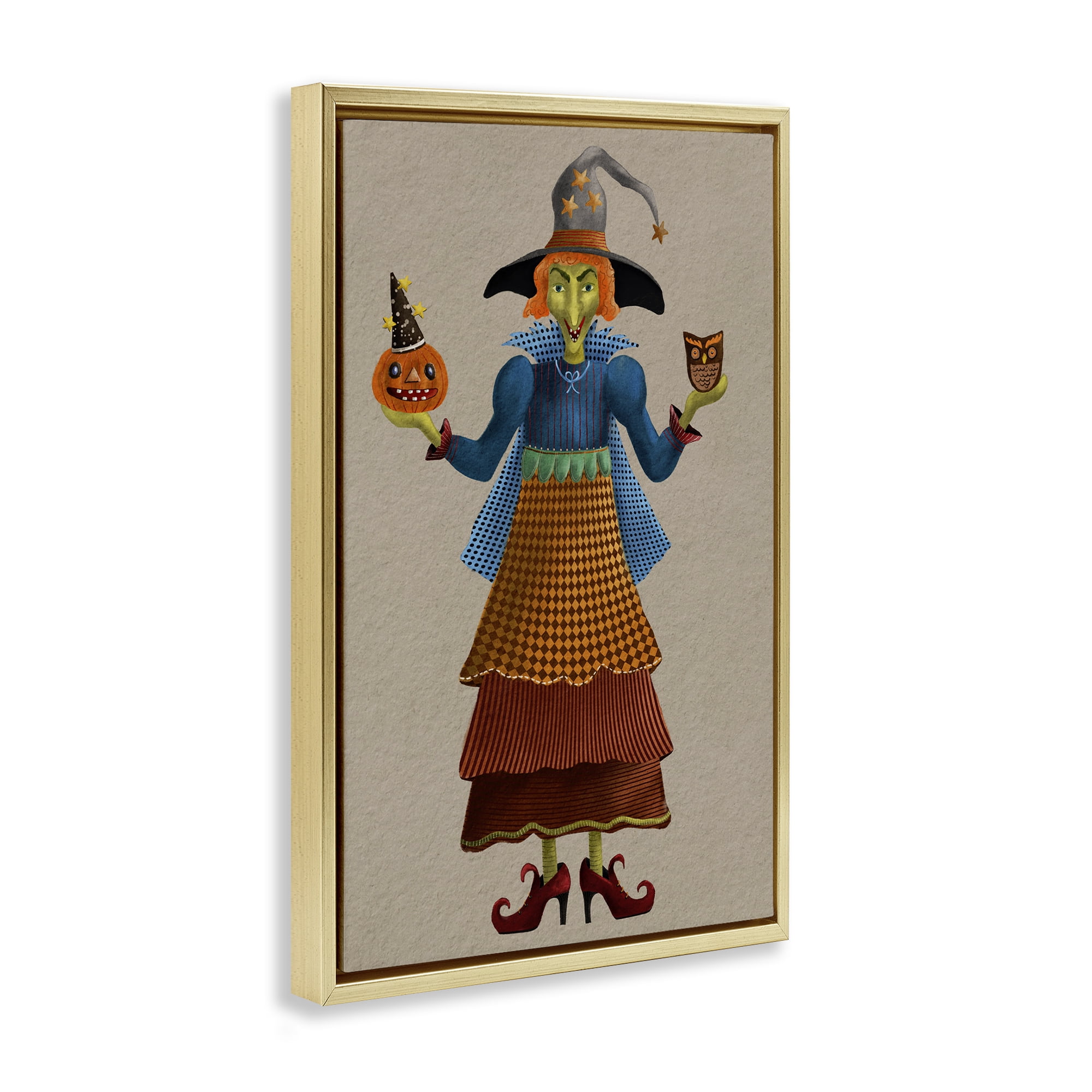 Stupell Industries Halloween Witch in Plaid Holiday Painting Gold Floater Framed Art Print Wall Art, 21 x 31