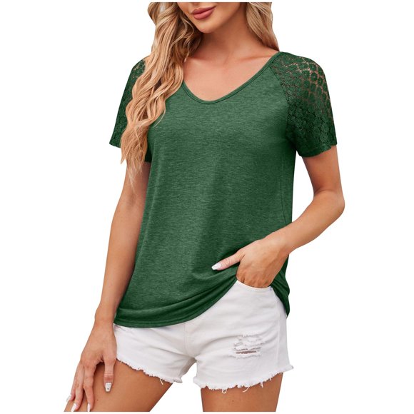 Yuyuzo Summer Tops for Women V Neck Summer Casual T Shirts Sheer Short Sleeve Loose Fitted Tunic Top