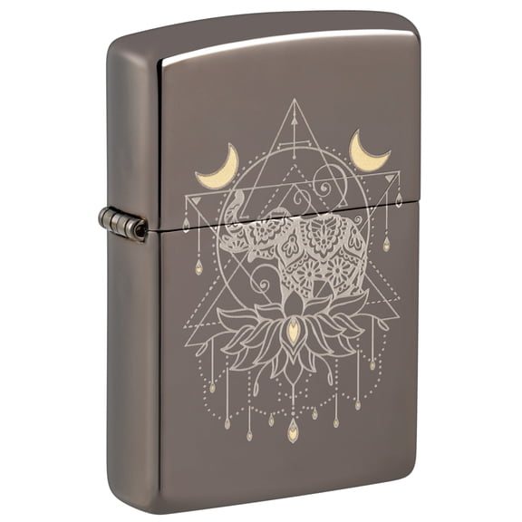 Zippo Lighter: Engraved Elephant and Lotus Flower - Black Ice 46103