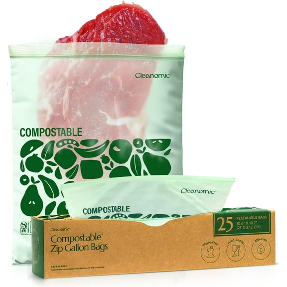Compostable* Gallon Size Food Storage Bags (25 Eco Zip) Freezer and Leak Proof, Also Available Quart, Snack Sandwich