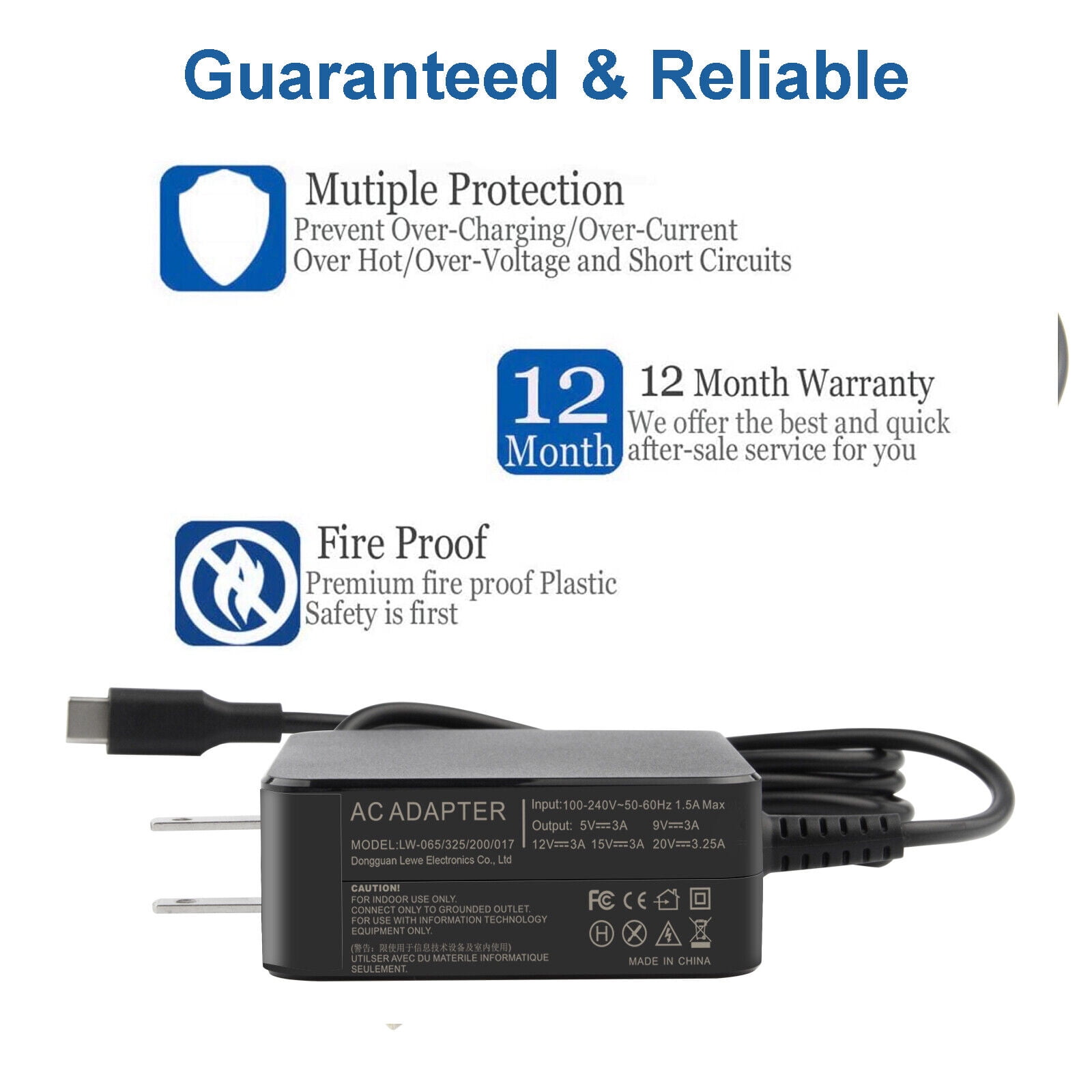 USB-C AC-adapter 65 Watt EU wallplug for Huawei Matebook 14 